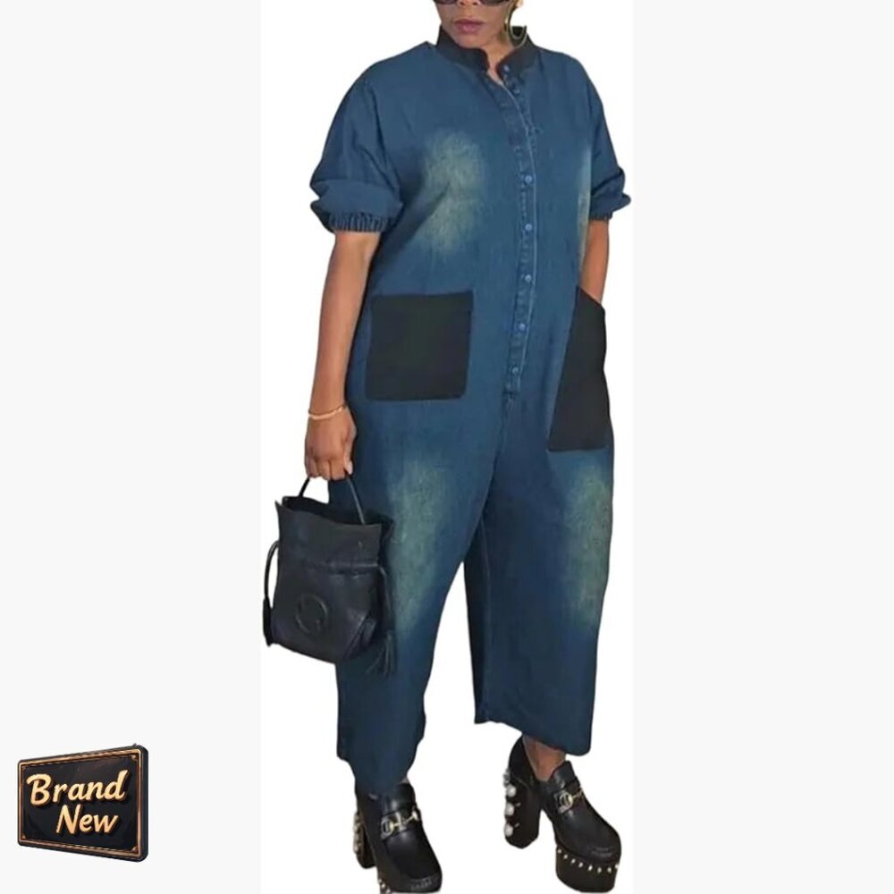 Oversized V-Neck Denim Jumpsuit, Cropped Patchwork, Short Sleeve, X-Large
